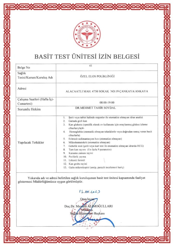 elos klinik basit test &uuml;nitesi yetki belgesi